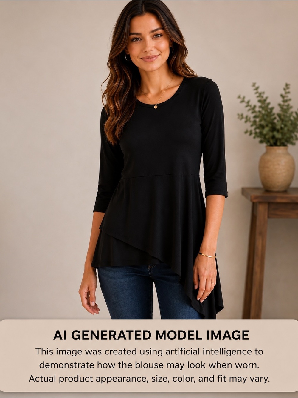 Carine Black Asymmetrical Hem Slip Over Tunic Top 3/4 Sleeve Size Small